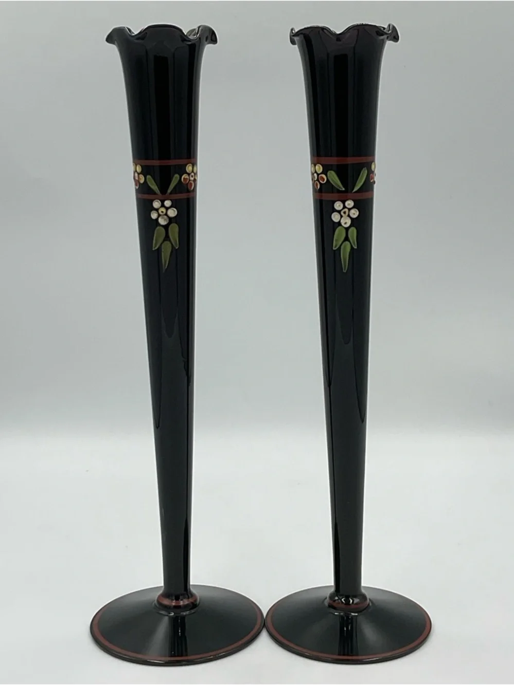 Antique Pair of Maryland Glass Black Amethyst Glass Art Deco Vase Hand Painted